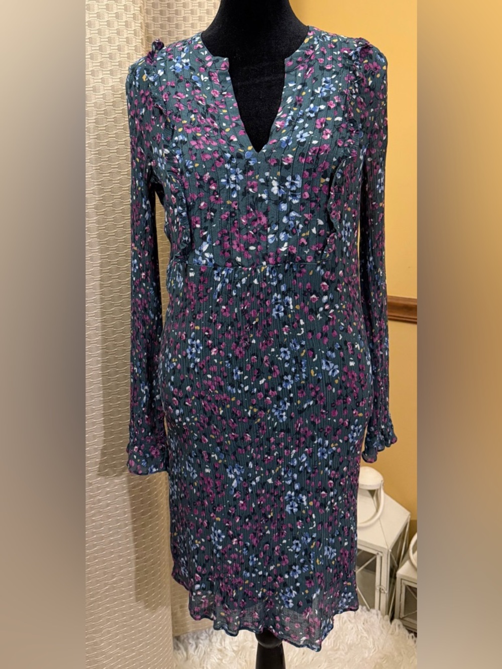 Caroll Paris Floral Long-Sleeve V-Neck Dress Silk Blend